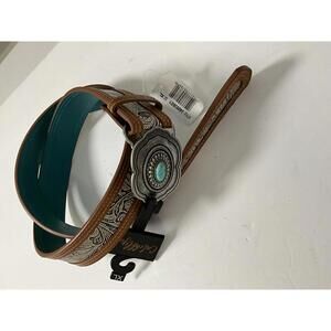 Catchfly Studios Western Belt with Turquoise Buckle and Brown Trim